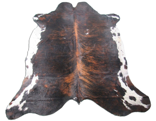 Grand et magnifique tapis en peau de vache tricolore (1 point) Taille : 8,2 x 6,5 pieds M-1318