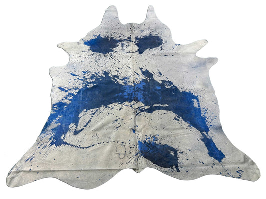 Tapis en cuir de vache délavé à l'acide bleu Taille : 7,2 x 6,5 pieds M-1381