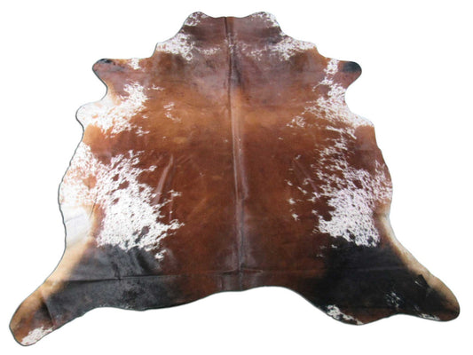 Brazilian Tricolor Cowhide Rug (stitches, patch, shiny hair) Size: 7x7 feet M-1420