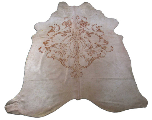 Tapis en peau de vache à imprimé floral avec paillettes métalliques dorées (un point chauve) - Taille : 8x6,5 pieds M-1457