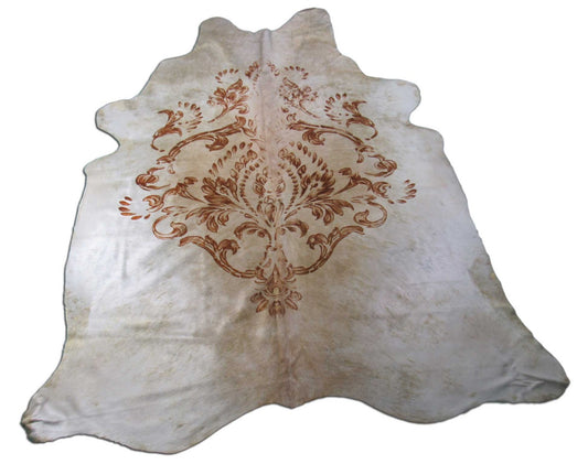 Tapis en peau de vache à imprimé floral avec paillettes métalliques dorées Taille : 7,5 x 6,5 pieds M-1459