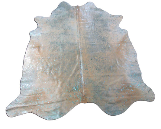 Huge Turquoise Acid Washed Cowhide Rug (beige background) Size: 7.5x6.5 feet M-1508