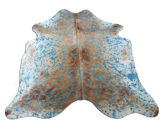 Tapis en cuir de vachette délavé à l'acide de couleur moyenne, de couleur bringé et turquoise - Taille : 7x6,5 pieds M-1539