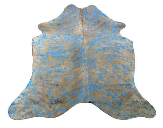 Tapis en cuir de vachette bringé moyen avec délavé à l'acide turquoise Taille : 7,2 x 6 pieds M-1540
