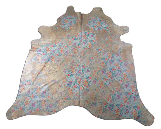 Tapis en cuir de vache délavé à l'acide à motif floral - Taille : 8x7 pieds M-1588