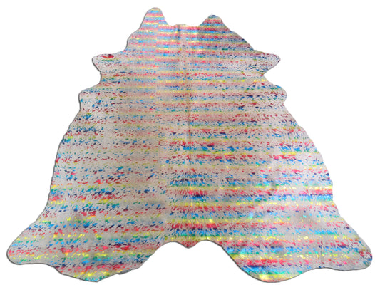 Tapis en cuir de vache métallisé arc-en-ciel Taille : 6 3/4' X 6' Tapis en cuir de vache délavé à l'acide multicolore N-338