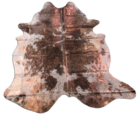 Tapis en cuir de vache noir et blanc avec finition bronze métallisée délavée à l'acide Taille : 7 1/2x6 1/4 pieds O-1019
