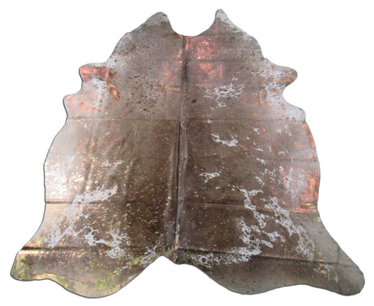 Tapis en cuir de vache moucheté marron et blanc avec finition bronze métallisée délavée à l'acide (MAGNIFIQUE) Taille : 8,5x7 pieds O-1114