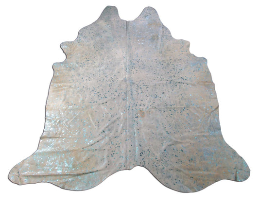 Turquoise Metallic Cowhide Rug (background is offwhite with beige) Size: 8x6.7 feet O-1142