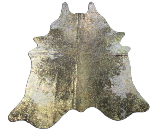 Tapis en peau de vache marron et blanc avec finition bronze métallisée délavée à l'acide Taille : 8,2 x 6,5 pieds O-1153