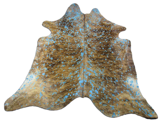 Tapis en cuir de vachette délavé à l'acide, couleur bringé et turquoise - Dimensions : 6,7 x 6 pieds O-1174