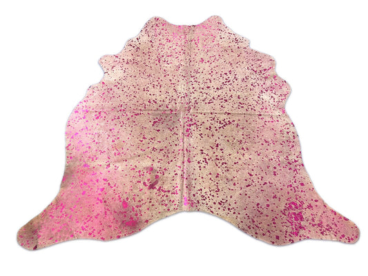Pink Metallic Acid Washed Cowhide Rug (stitches) Size: 6.5x6.7 feet O-376