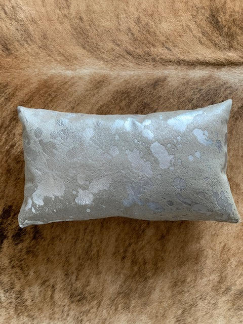 Silver Acid Washed Cowhide Pillow Cover - Lumbar - Size: 20 in x 11.5 in