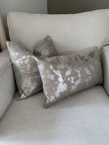 Silver Acid Washed Cowhide Pillow Cover - Square - Size: 16 in x 16 in