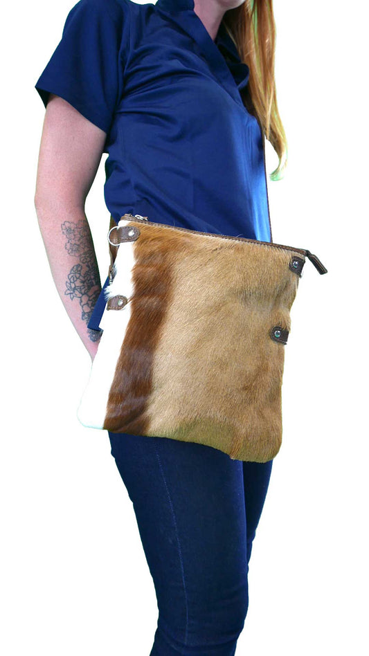 Springbok Skin Handbag Genuine Leather Springbok Hand Bag Mini Foldover Zip Top 12x10x0.5 inches