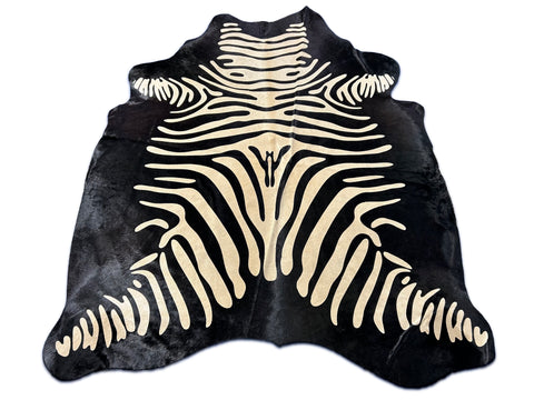 Reverse Zebra Print Cowhide Rug (stripes are light beige) Size: 6.7x5.5 feet D-020