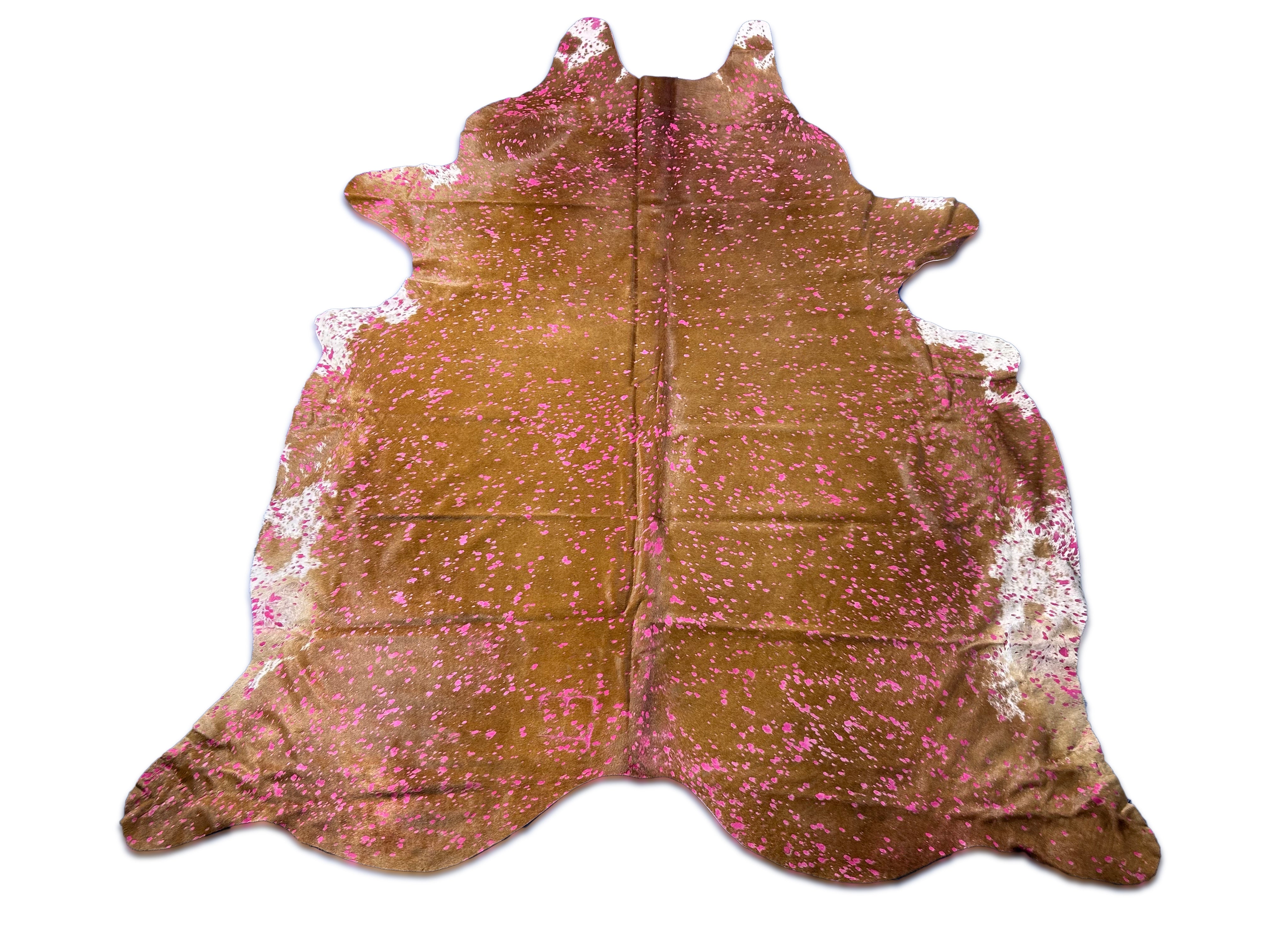 Brown Cowhide Rug with Pink Dyed Acid Washed Size: 8x7 feet D-021