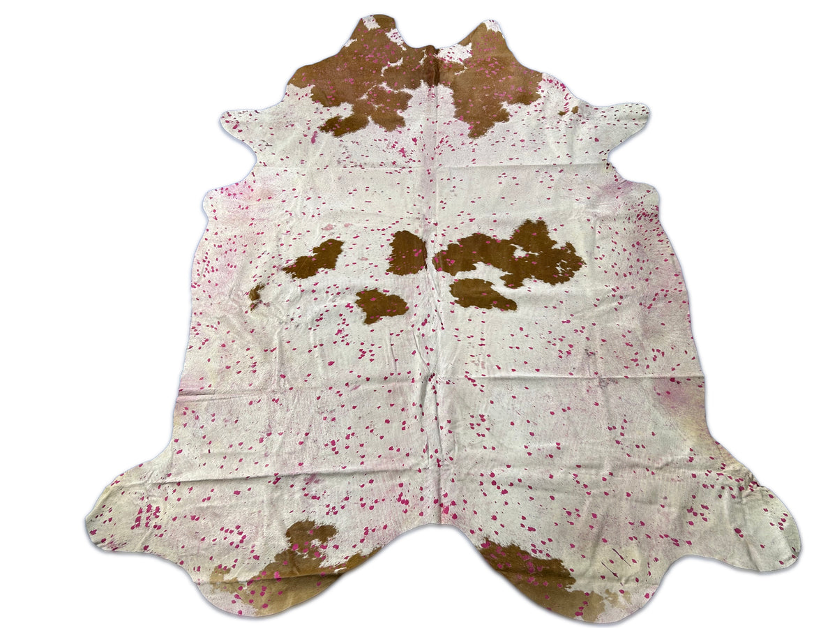Brown & White Spotted Cowhide Rug with Pink Dyed Acid Washed Size: 8.5x7 feet D-025