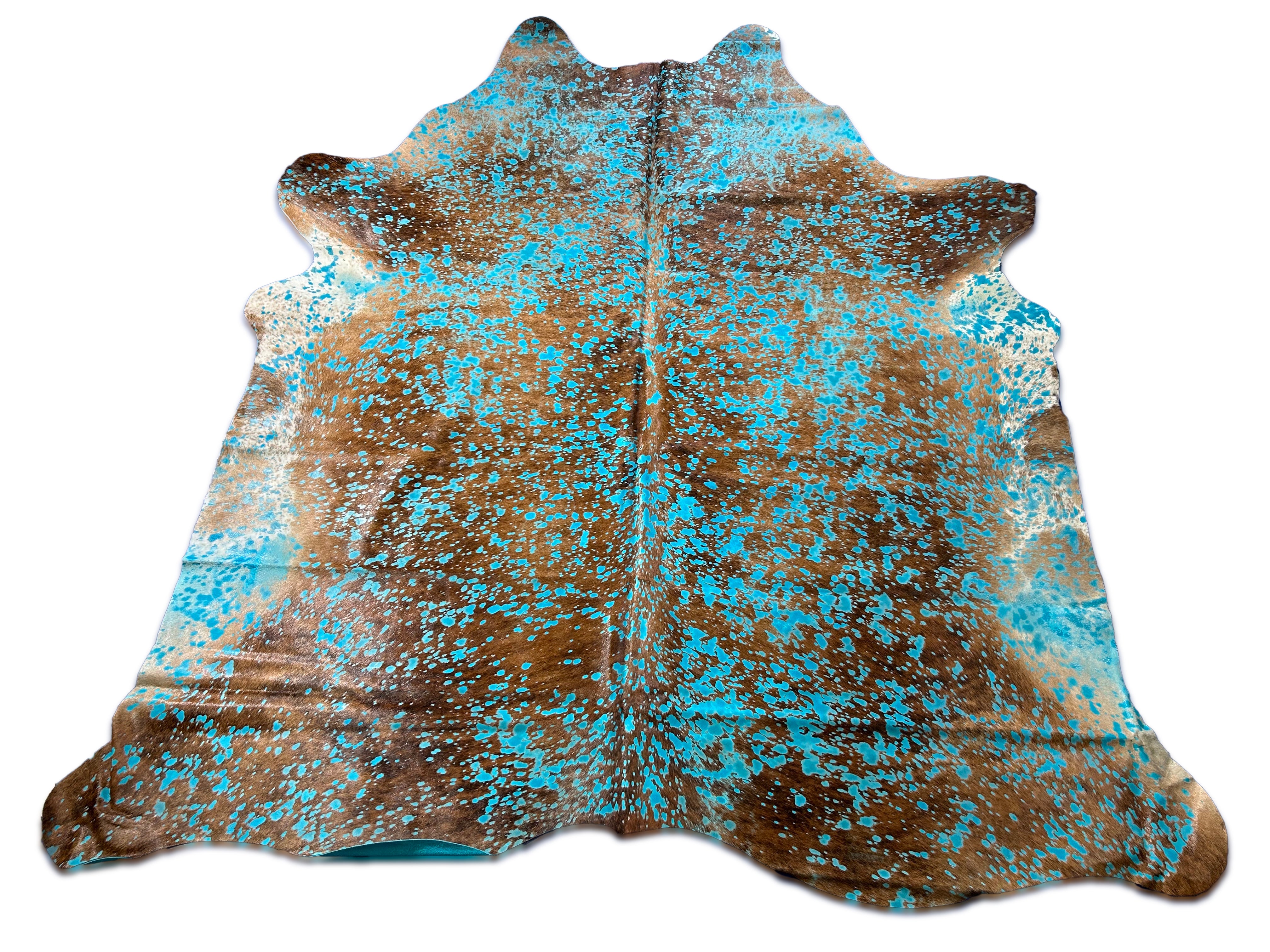 Nice Brindle with White Belly Cowhide Rug with Turquoise Acid Washed Size: 8x7.2 feet D-027