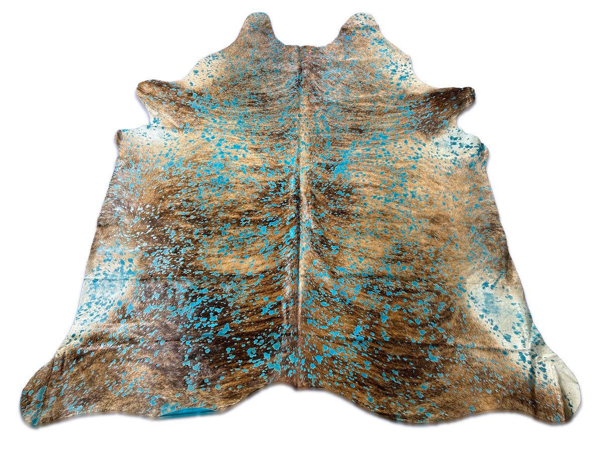 Gorgeous Medium Brindle Cowhide Rug with Turquoise Acid Washed Size: 8x7.2 feet D-028