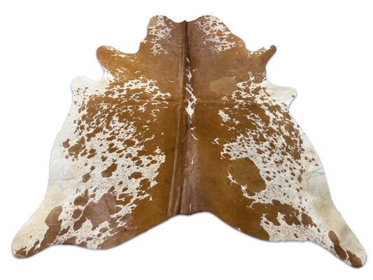 Spotted Caramel Brown & White Cowhide Rug (patch and hard to see stitches) Size: 6.2x6.2 feet D-047