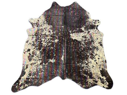Multicolor Metallic Acid Washed Black & White Cowhide Rug (one tear) Size: 7x5.7 feet D-081