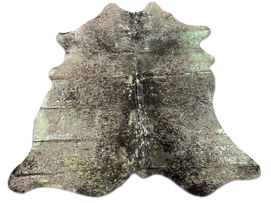 Speckled Cowhide Rug with Light Green Metallic Acid Washed Size: 7x6.5 feet D-083