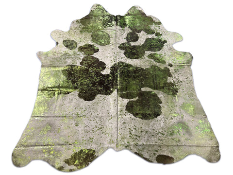 Black & White Cowhide Rug with Green Metallic Acid Washed Size: 7x6 feet D-084