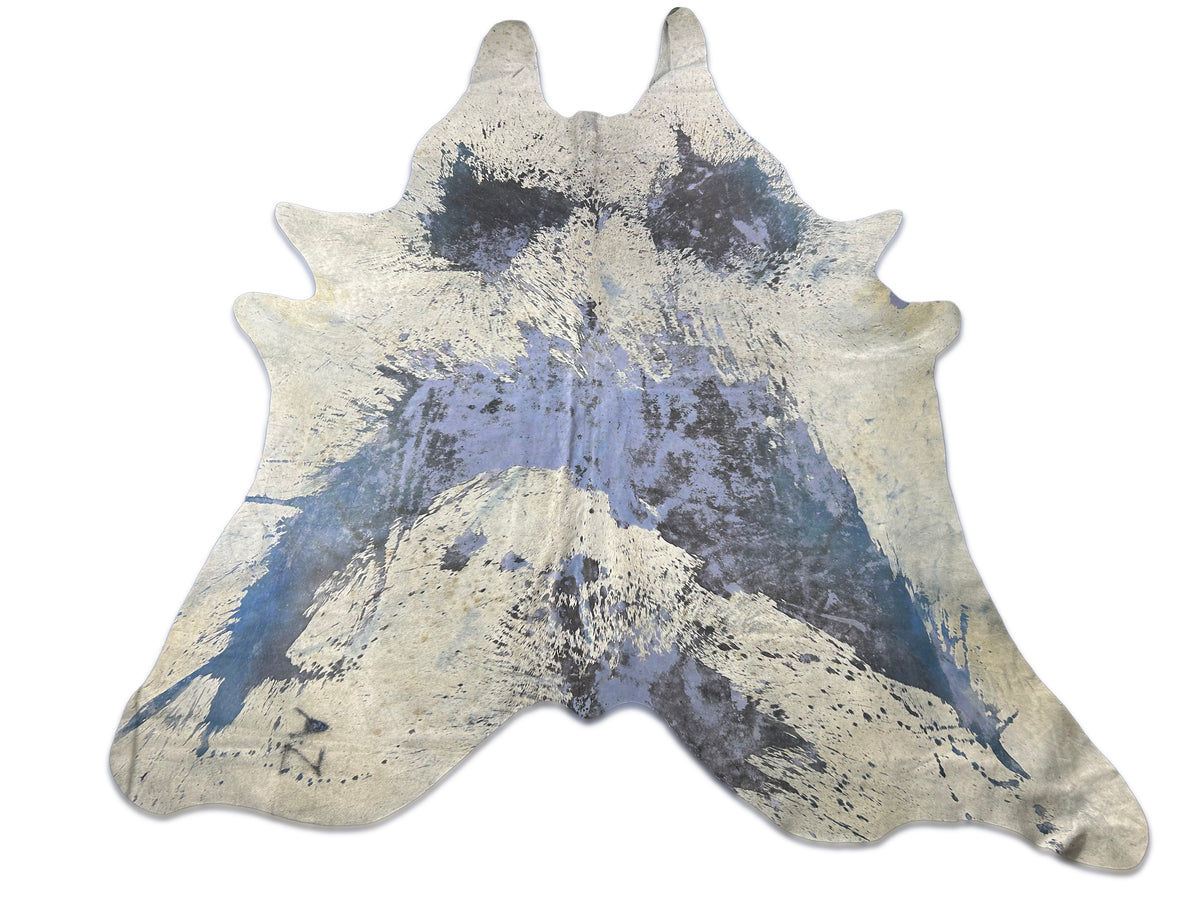 Acid Washed Cowhide Rug with Blue Dye (AZ as a fire brand/ some beige spots) Size: 9x7.5 feet D-127