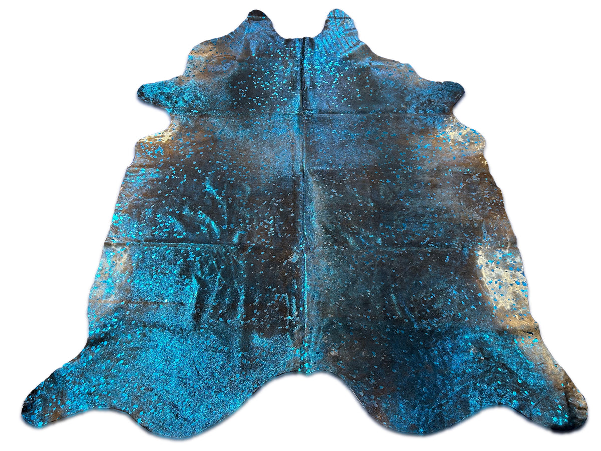 Dark Cowhide Rug with Blue Metallic Acid Washed Size: 8x7 feet D-132