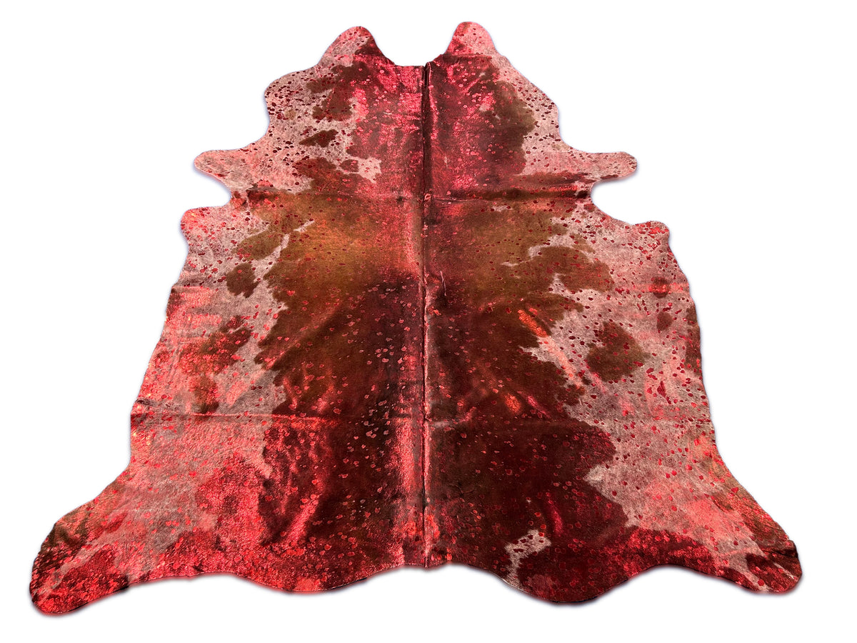 Spotted Cowhide Rug with Red Metallic Acid Washed Size: 7.2x6.2 feet D-133