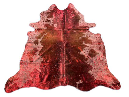 Spotted Cowhide Rug with Red Metallic Acid Washed Size: 7.2x6.2 feet D-133