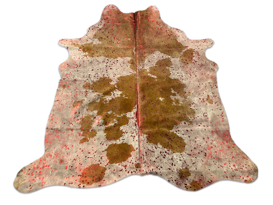 Beige & White Cowhide Rug with Red Metallic Acid Washed Size: 6x6 feet D-134