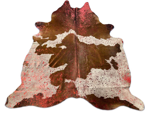 Spotted Cowhide Rug with Red Metallic Acid Washed Size: 7.5x6.2 feet D-141