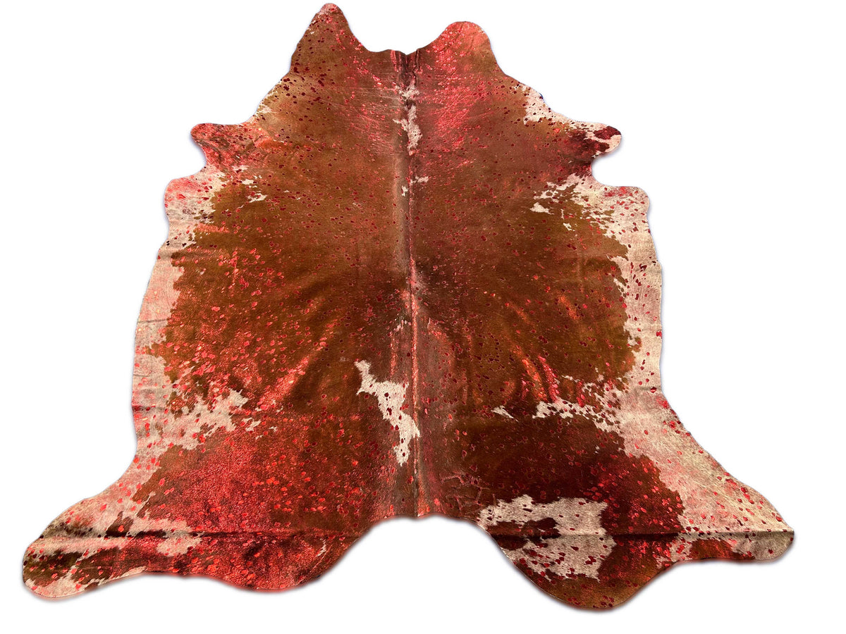 Spotted Cowhide Rug with Red Metallic Acid Washed Size: 7x6.2 feet D-142