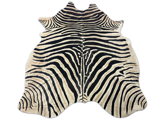 Genuine Zebra Print Cowhide Rug (black stripes are a bit faded/ 2 hard to see patches) Size: 7x5.7 feet D-166