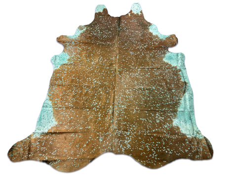 Brown Cowhide Rug with White Belly and Green Turquoise Acid Washed Size: 8.5x7 feet D-170