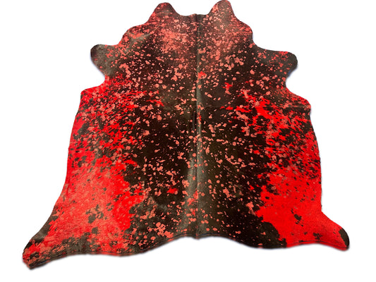 Black & White Cowhide Rug Dyed Red and Acid Washed Size: 6.2x6 feet D-216