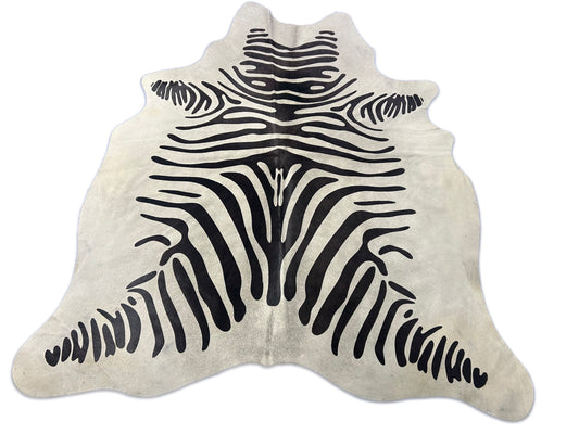 Zebra Print Cowhide Rug (background is light grey, not white) Size: 6.7x6 feet D-245