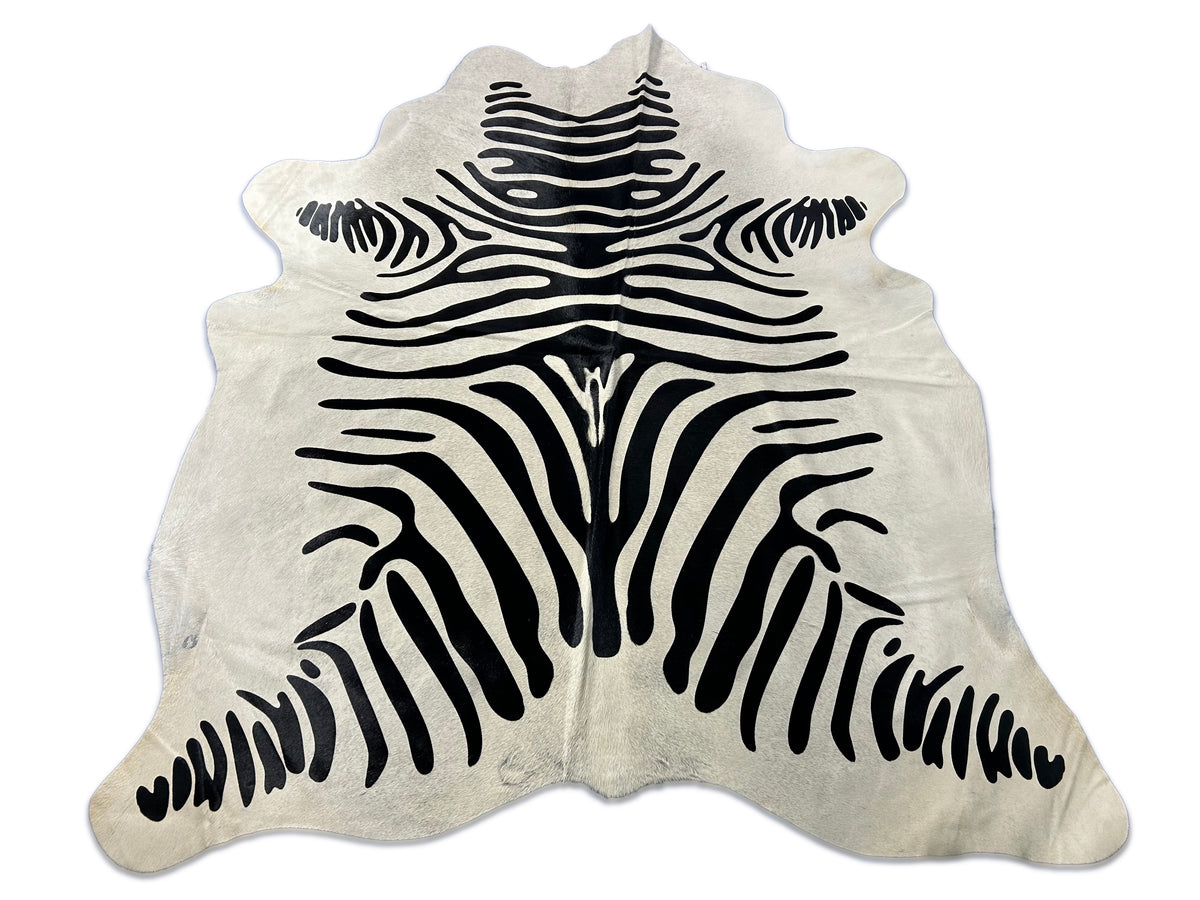 Zebra Print Cowhide Rug (background is light grey, not white) Size: 6.7x5.7 feet D-247