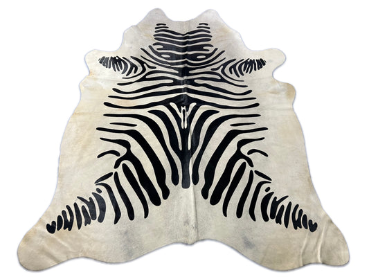Zebra Print Cowhide Rug (background is light grey, not white/ neck has yellow lines) Size: 7x6 feet D-248