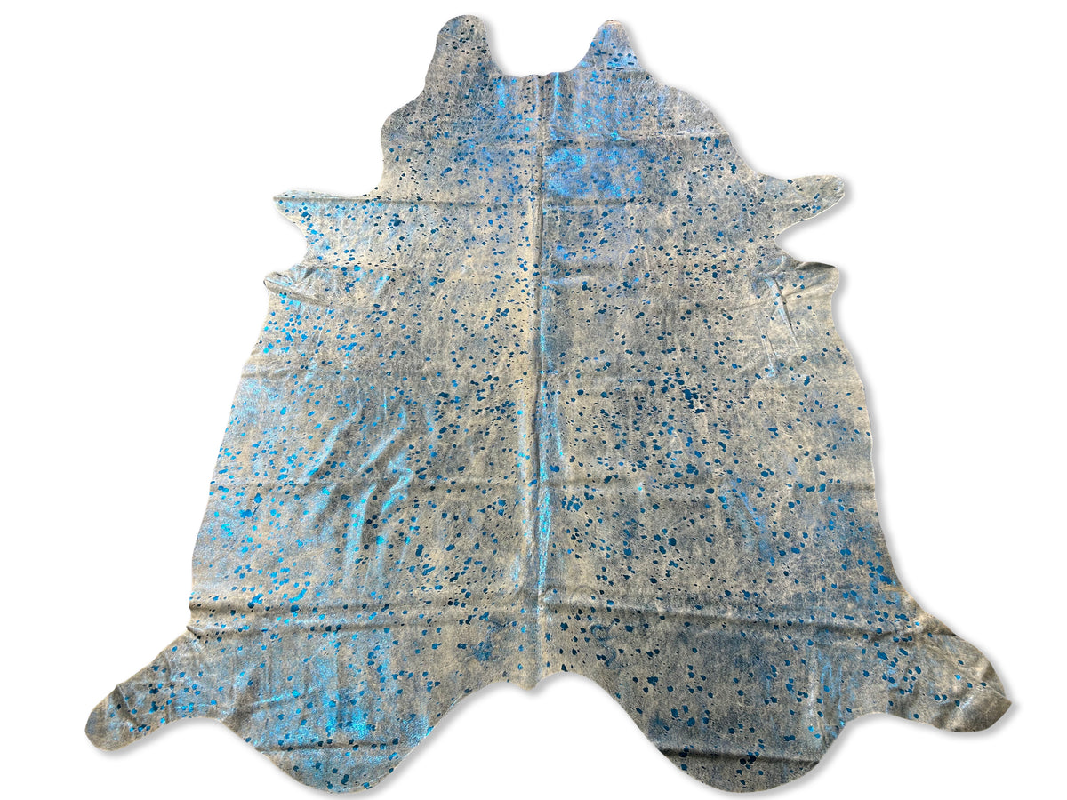 Blue Metallic Acid Washed Cowhide Rug Size: 8x7 feet D-355