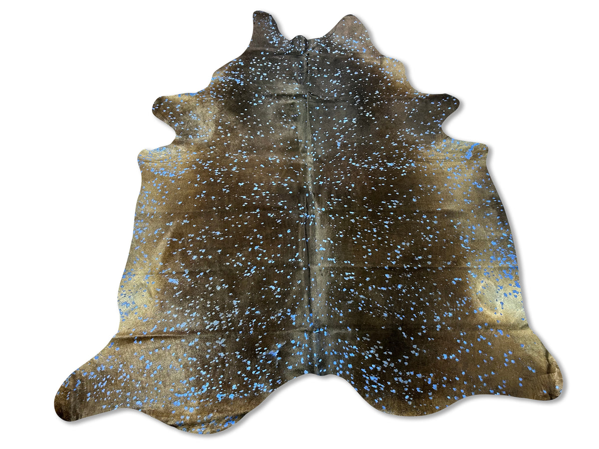 Natural Black/ Dark Brown Cowhide Rug with Blue Acid Washed Size: 7.5x6.5 feet D-358