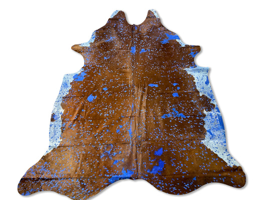 Brown Cowhide Rug with Blue Acid Washed Size: 7.7x6.2 feet D-360