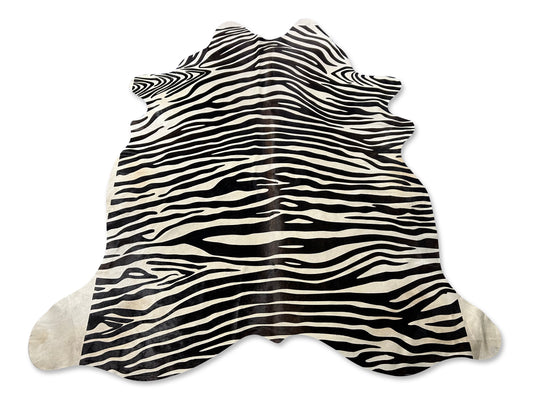 Horizontal Stripe Zebra Print Cowhide Rug (1 patch/ dorsal line is a bit brown) Size: 7.2x7 feet D-366