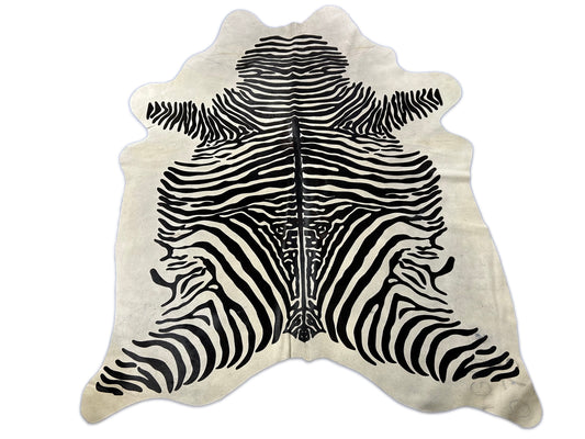 Zebra Cowhide Rug (fire brands/ scar and stitch) Size: 7.2x6 feet D-379