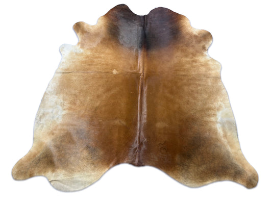 Mahogany Cowhide Rug (fire brands/ some hard to see stitches) Size: 7x7 feet D-381