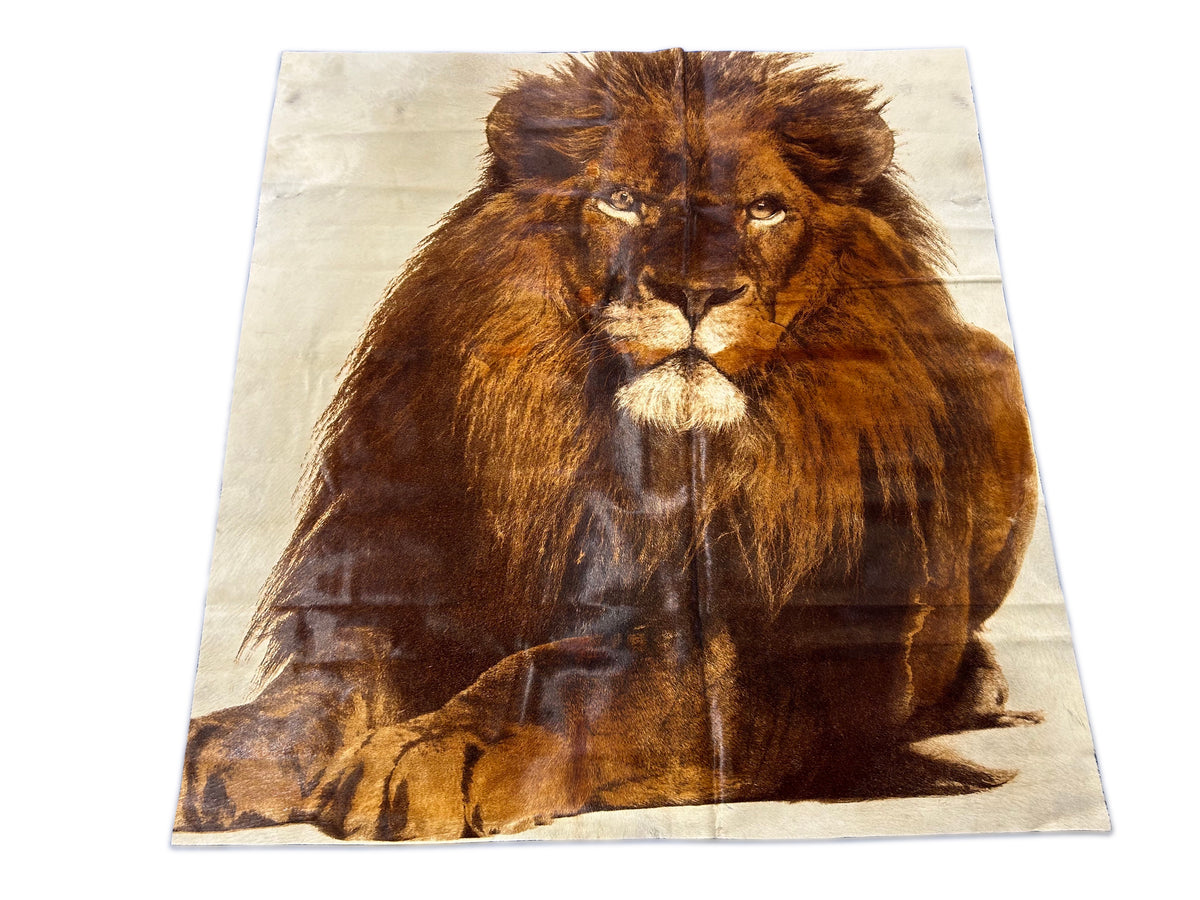 Lion Print Cowhide Rug (hair-on leather) Size: 5.5x5 feet D-415