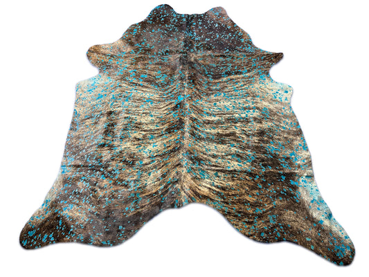 Brindle Cowhide Rug with Turquoise Acid Washed Size: 7.2x7 feet D-421