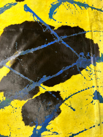 Huge Dyed Yellow Cowhide Rug with Abstract Blue Acid Washed Lines (HUGE!!!) Size: 8x7 feet D-431